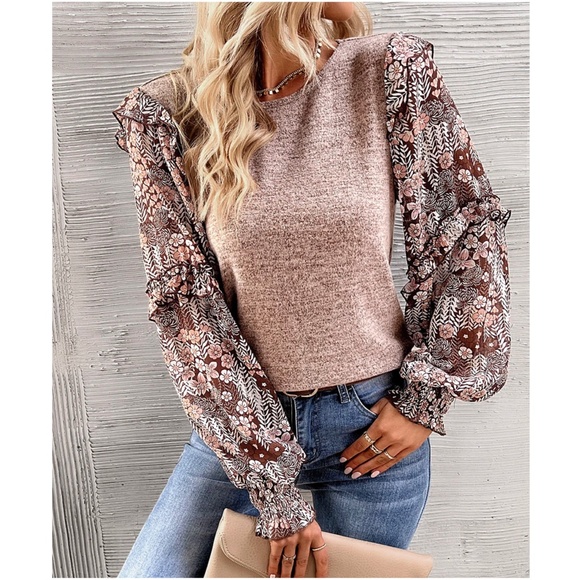 Boho Floral Print Ruffle Long sleeve Top - Picture 4 of 8